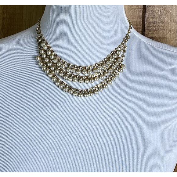 Vintage Faux Pearl & Rhinestones Filigree GoldTone 3 Layered Bib Choker Necklace - Picture 2 of 6